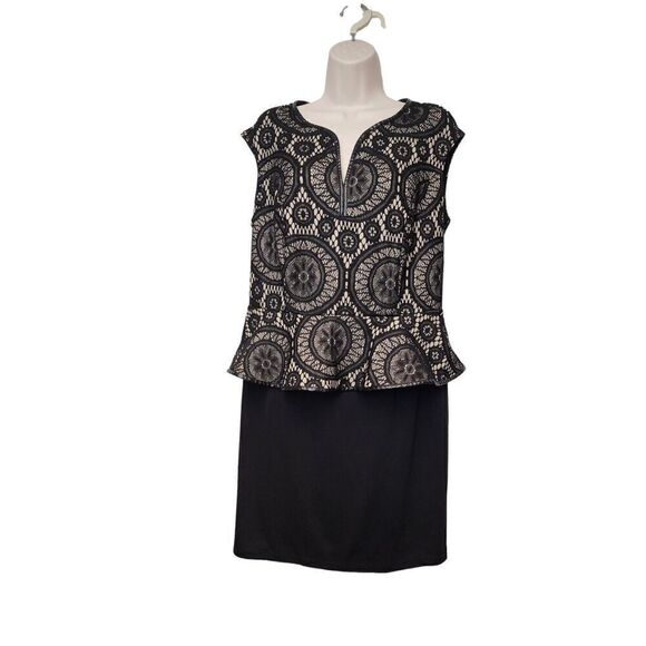Enfocus Black Floral Lace Panel Back Zipper Sleeveless Stretch Peplum Dress 14W - Picture 1 of 7